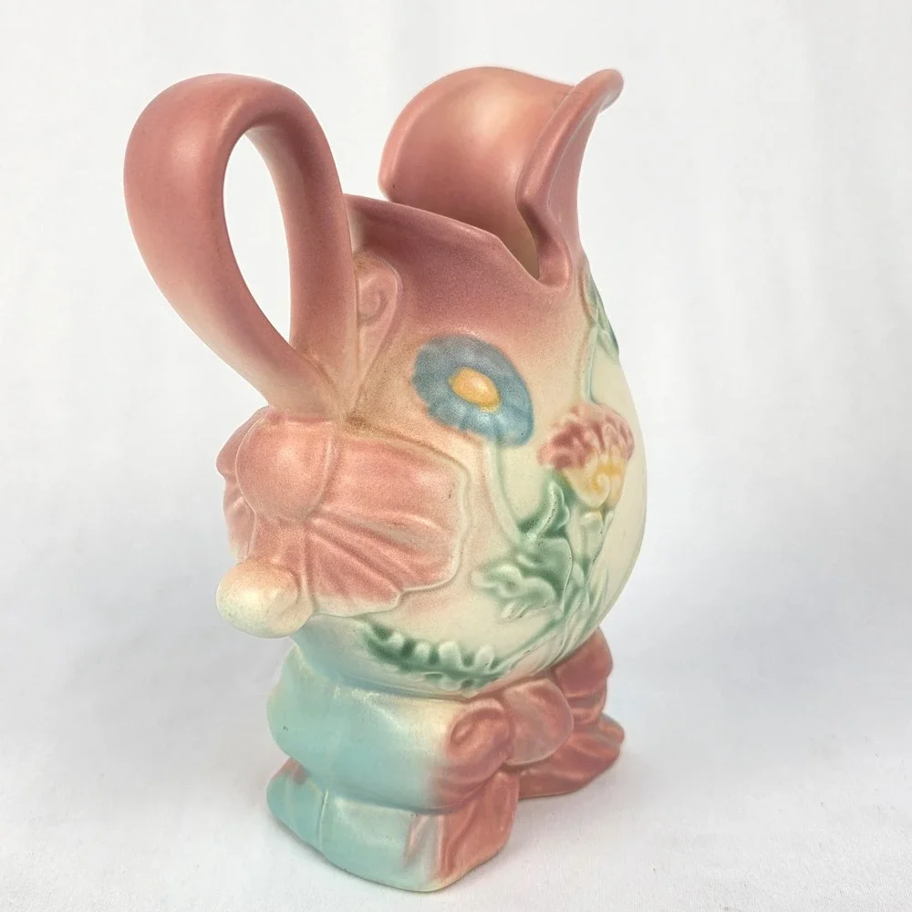 Hull Art USA Pottery‎ Pitcher Vase Flowers Bow Pink Blue Cream 6.25" Cracked - Picture 5 of 14